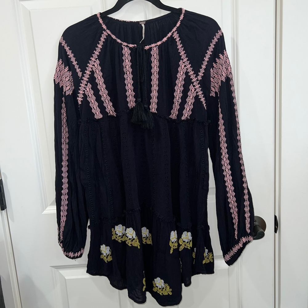 Free People Wild Horses Embroidered Bohemian Flowy Mini Dress Oversized Small